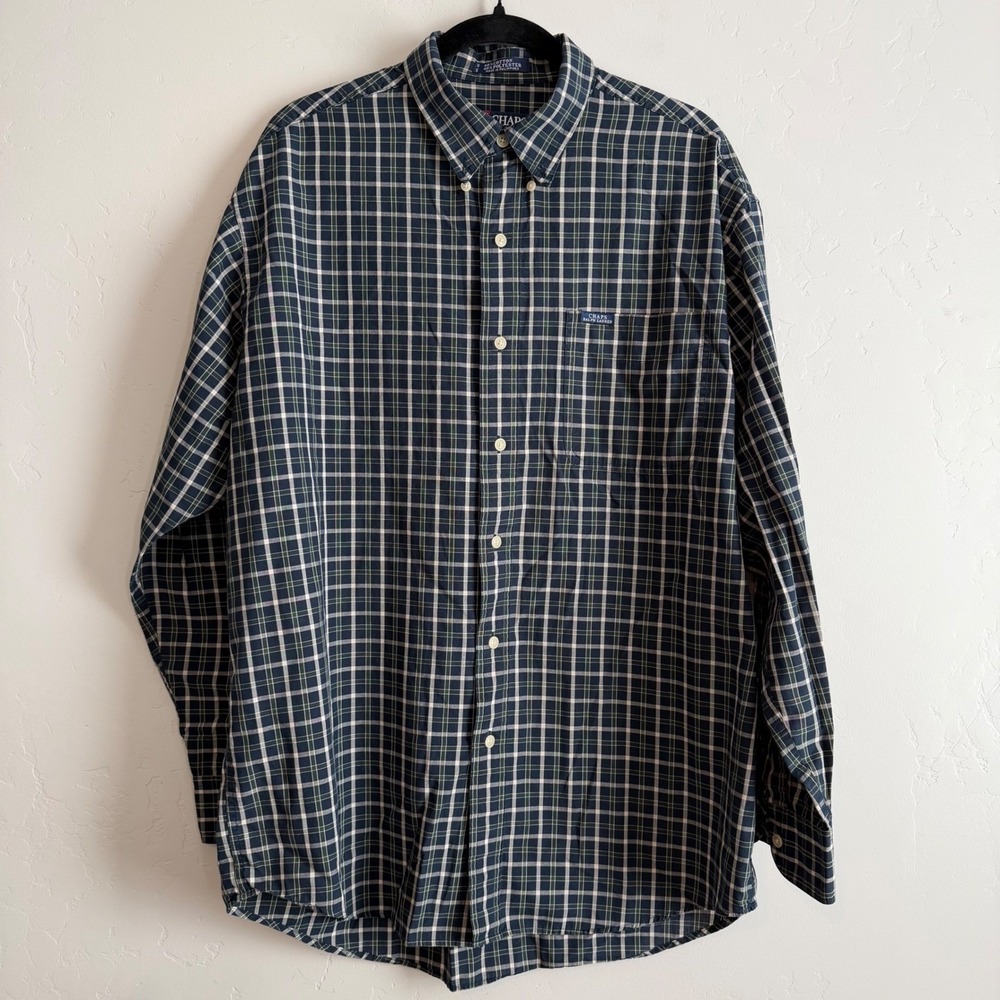 Chaps Ralph Lauren Mens Plaid Button Down Shirt Navy Green Size L Long Sleeve